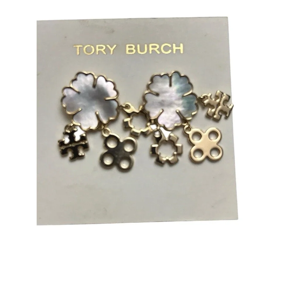Tory Burch Clover Cluster Chandelier Mother of Pearl Earrings New Authentic